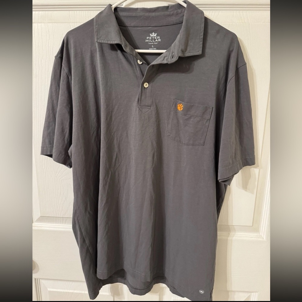 Peter Millar Charcoal Short-Sleeve Polo with Clemson University Pocket Logo